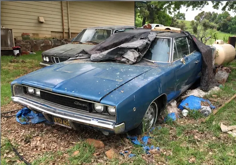 Before: Blue 1968 Charger prior to restoration and presentation work