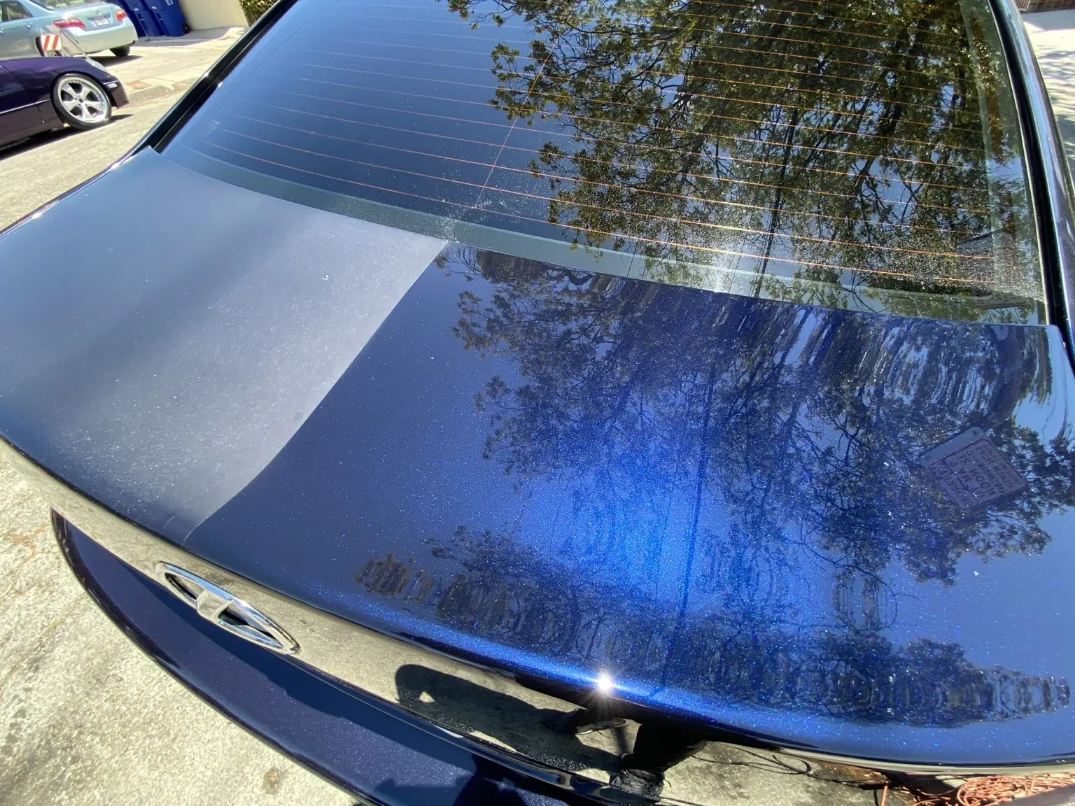 Blue Lexus trunk showing a real paint correction 50/50 result